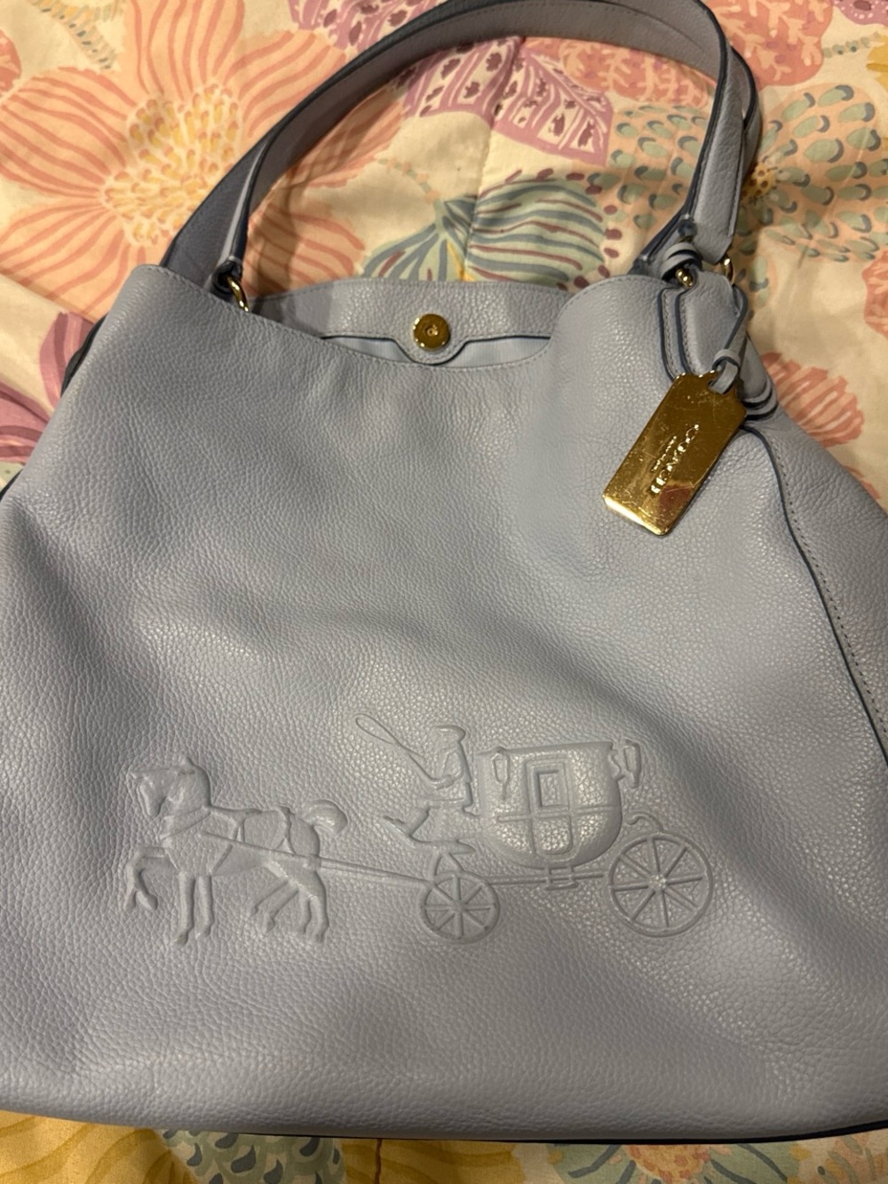 Coach Light Blue Pebbled Leather Hobo Shoulder Bag with Gold Tag